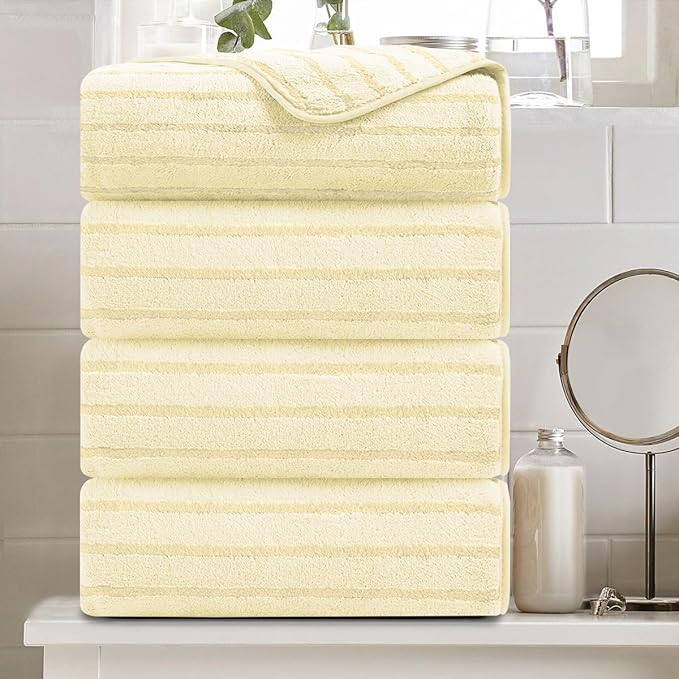 4 Pcs Light Yellow Cabana Stripe Large Bath Towels 35"x70" Oversized Bath Sheet