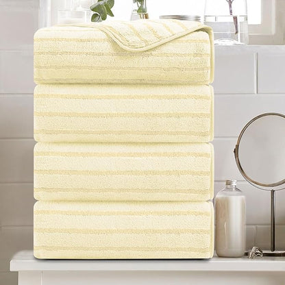 4 Pcs Light Yellow Cabana Stripe Large Bath Towels 35"x70" Oversized Bath Sheet
