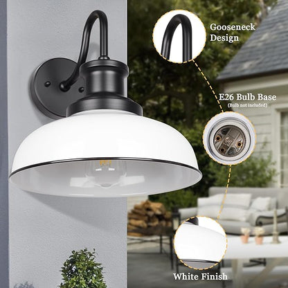 Outdoor Gooseneck Barn Light, Rustic Exterior Wall Mount Light, Farmhouse Vintage Wall Lighting Fixture, Industrial White Lantern for Porch, Garage, RZ007 WH