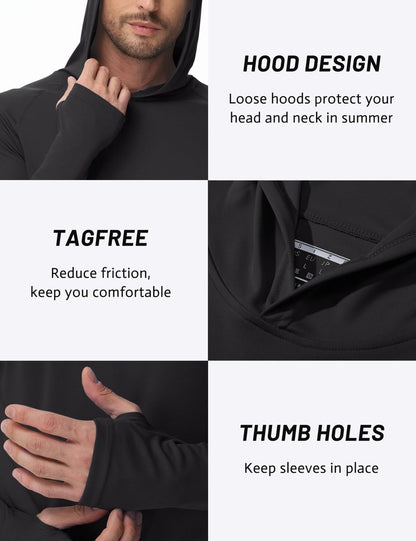TACVASEN Long Sleeve Shirts for Men Lightweight Hoodie Men Dry Fit Active Hooded Shirts Sun Protection Hoodies SPF Tee Black L