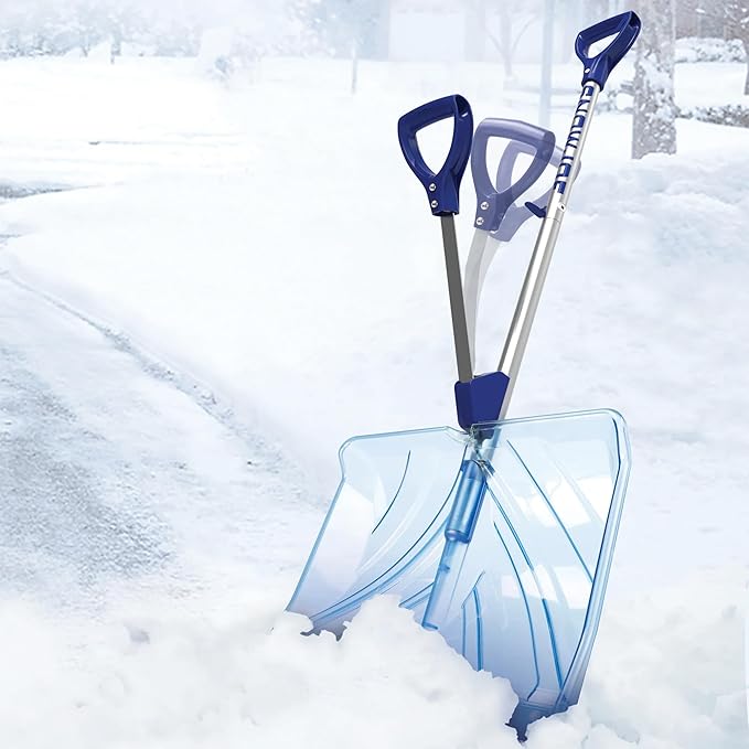 Snow Joe Snow Shovel, Shovelution Strain-Reducing Ice Remover w/ Assist Handle, 18", Blue - Heavy-Duty Blade Tool for Digging and Removing Ice from Driveway, Patio, and Yard, SJ-SHLV02