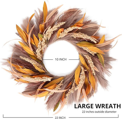 Fall Wreath 22-24inch Autumn Door Wreath with Yellow Leaves, Light Brown Reeds,Beige Wheat Ears for Farmhouse Indoor Outdoor Window Wall Thanksgiving Decor
