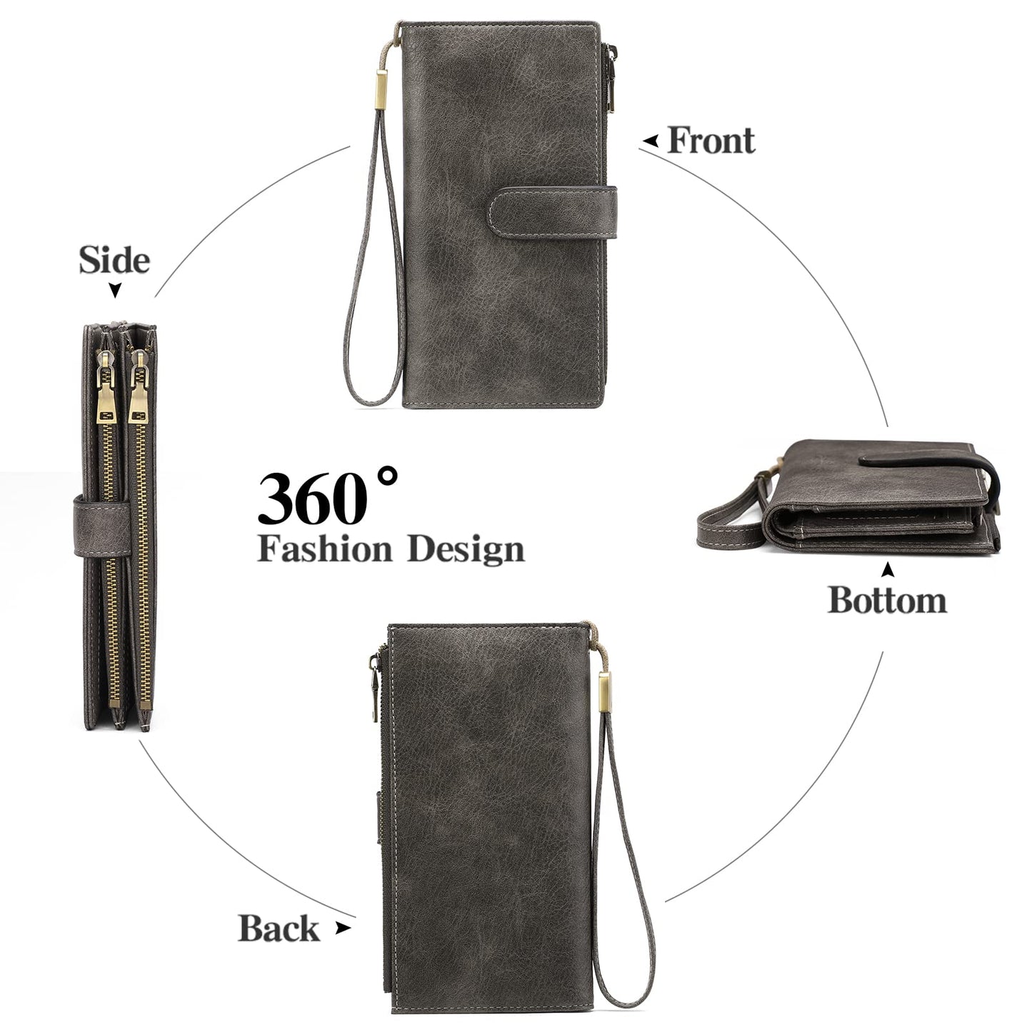 GOIACII Wallet for Women Large Wristlet Purse Trifold Clutch Grey