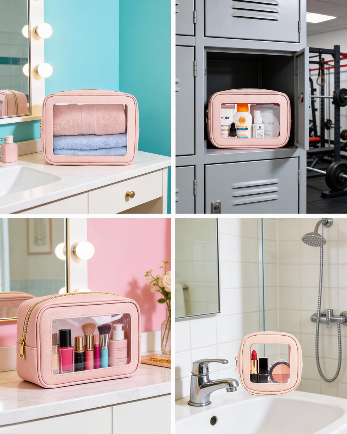 3Pcs Clear Makeup Bag Set for Women, Waterproof Travel Clear Makeup Bag Small Toiletry Bag Skincare Pouch Portable Travel Cosmetic Bag with Zipper Compact Car Organizer Bag for Essentials (Pink Set)