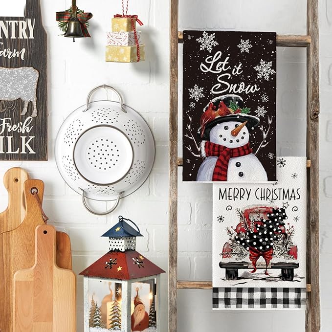 Artoid Mode Black Snowman Xmas Trees Santa Claus Truck Merry Christmas Kitchen Towels Dish Towels, 18x26 Inch Farmhouse Decoration Hand Towels Set of 6