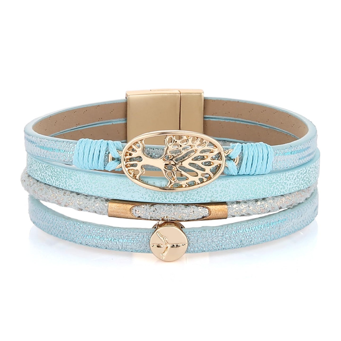 HZMAN Handmade Tree of Life Leather Wrap Bracelets for Women Boho Multilayer Cuff Bangle Gold Peace Sign World Peace Bracelet