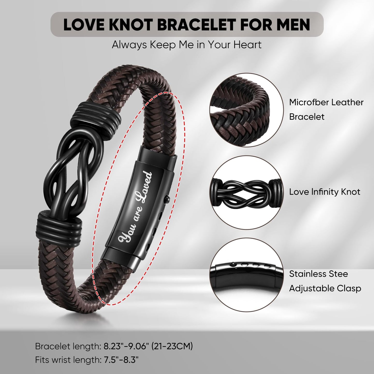 Love Knot Bracelet GIFS for Men - Handmade Braided Leather Bracelets Brown Leather Cuff Infinity Knot for Son Husband Boyfriend,Mens Christmas Birthday Gift
