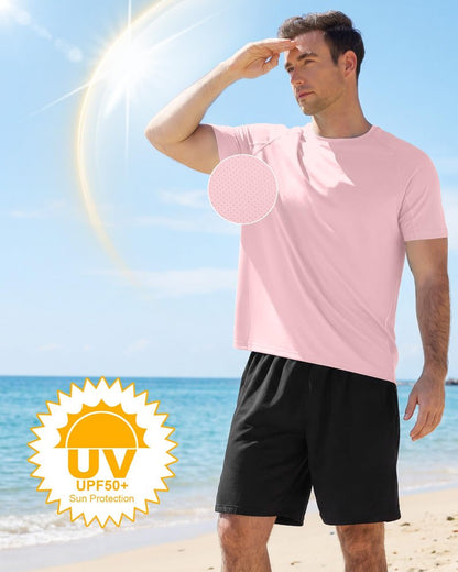 Runhit Mens Swim Shirt Short Sleeve UPF 50+ Sun Protection T-Shirt UV SPF Athletic Rash Guard for Fishing Beach Outdoor Sports Quick Dry Pink L