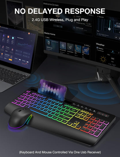 Wireless Keyboard and Mouse Combo, 9 Backlit Effects, Wrist Rest, Phone Holder, 2.4G Lag-Free Ergonomic Keyboards, Rechargeable Silent Cordless Set for Computer, Laptop, PC, Mac, Windows -SABLUTE