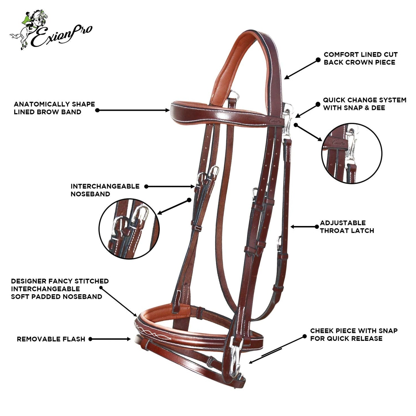 Exion Quick Change Snap English Bridle with Brass Hardware – Soft Lined Anatomical Horse Bridle with Rubber Reins – Snap-On Crown & Cheekpiece – Gold Tone Buckles – Padded Jumping Tack Set