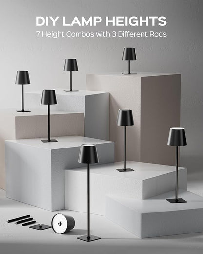 JACKYLED Cordless Lamp DIY Height, 3 Color Stepless Dimming, 5000mAh Battery Operated Lamp Portable Rechargeable for Bedroom Dinning Kitchen, Metal Black, 1 Pack