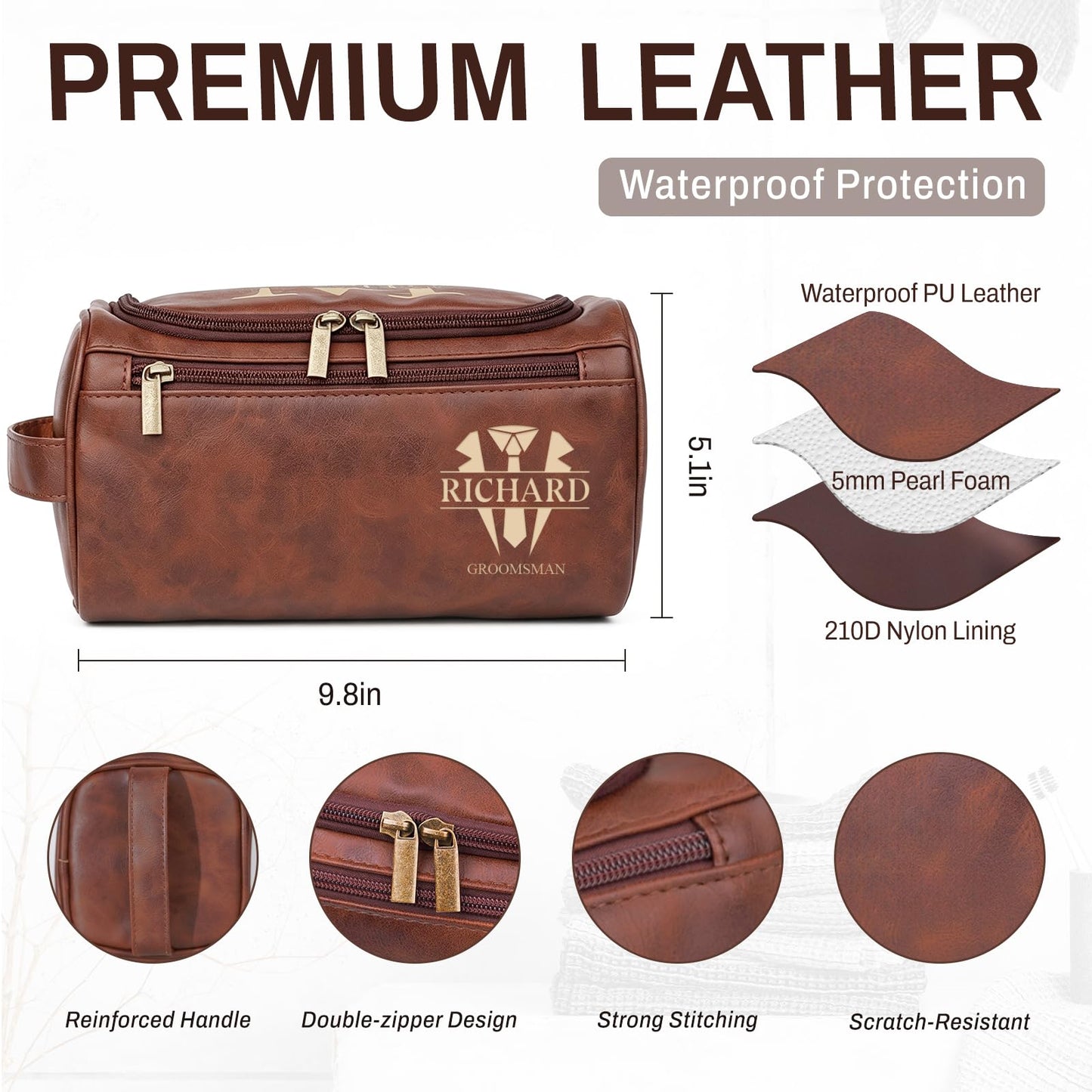 Aeekdook Personalized Toiletry Bag for Men - Engraved Name/Logo, Waterproof PU Leather Dopp Kit with Hanging Multi-Compartment, Unique Gifts for Men Husband Groomsmen Boyfriend Birthday Father's Day