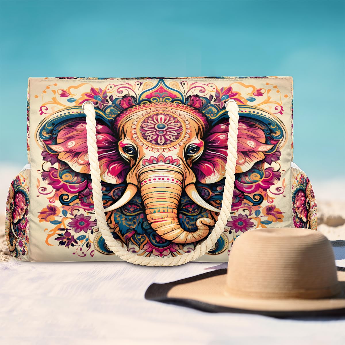 ModaQua Elephant Floral Splendor Beach Bags Waterproof Sandproof for Women, Large with Zipper Pool Beach Tote Reusable Grocery Shoulder Bag for Swim Travel Shopping Vacation Picnic
