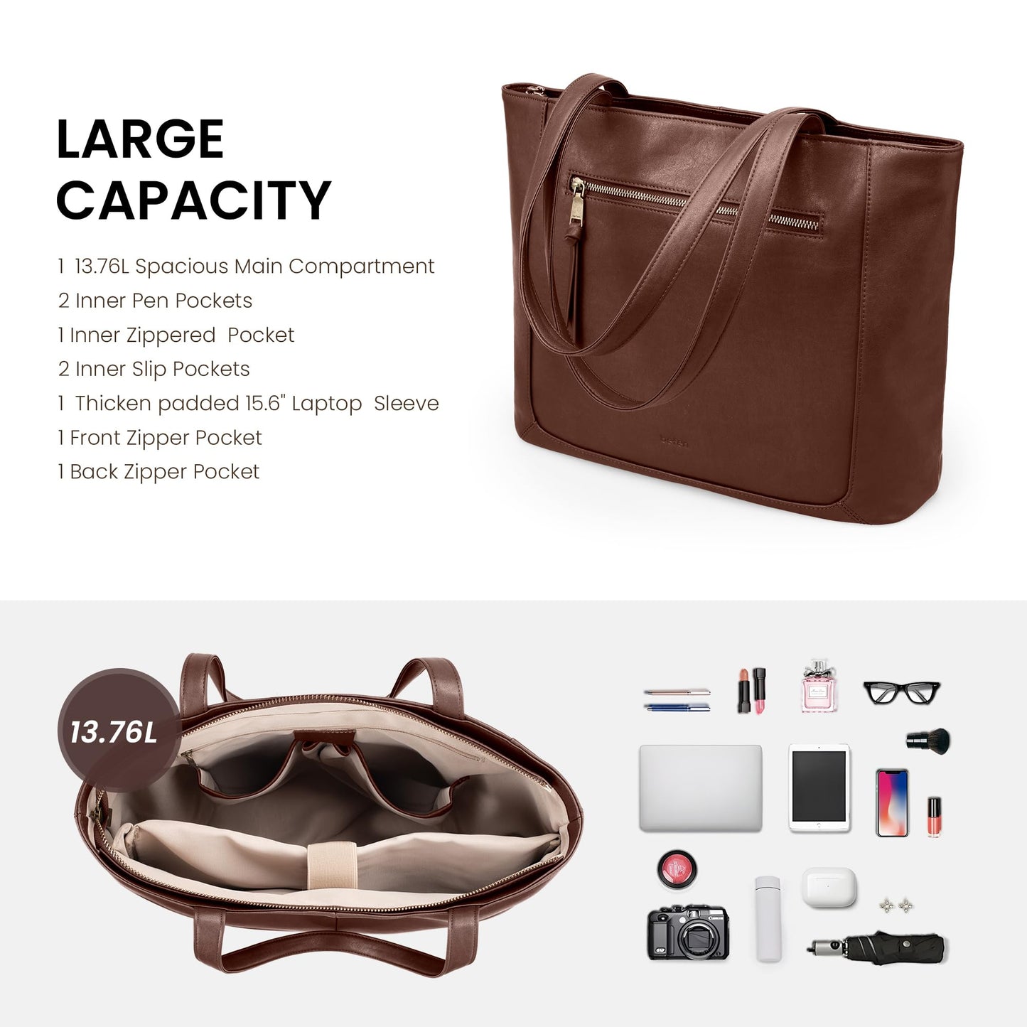 befen Genuine Leather Tote Bag for Women Work, Large Tote Bag with Zipper Real Leather Purse with 15.6" Compartment Womens Designer Shoulder And Handbags For Travel Everyday, Brown