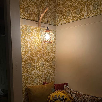 Frideko Bamboo Lantern Plug in Wall Sconces Wicker Wall Lamp with Plug in Cord Hand Woven Rattan Wall Light Farmhouse Rustic Wall Sconces Boho Sconces Wall Lighting for Living Room Bedroom