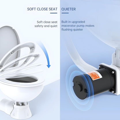 SEAFLO Quiet Flush Electric Marine Toilet - Fresh Water Rinse, 12V, Solenoid Valve, Ceramic Bowl, Soft Close Seat, Macerator Pump, 3-Way Switch Panel, Boat Yacht Toilet, 4-Year Warranty