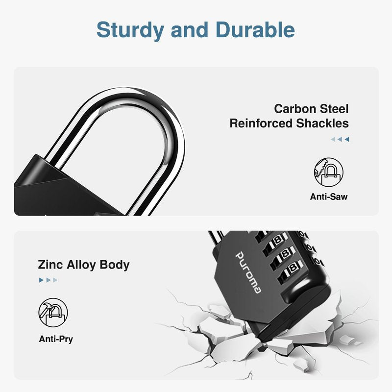 Puroma 3 Pack Combination Lock for Locker 4 Digit Outdoor Waterproof Padlock for School, Gym, Sports, Fence, Toolbox, Gate, Case, Outdoor, Hasp Storage, Cabinets (Black)