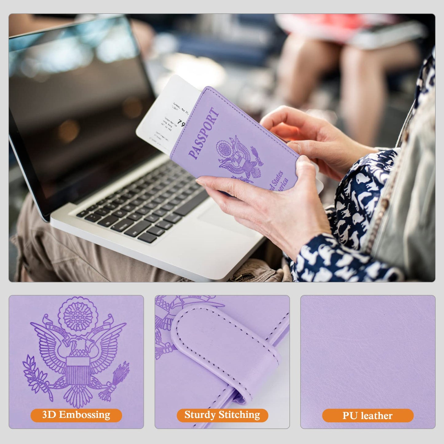 TIGARI Passport Holder for Travel Women Men, PU Leather Waterproof RFID Passport Holder Wallet Cover Case Sleeve, Family Vacation Plane Cruise Travel Document Organizer Essentials-Purple