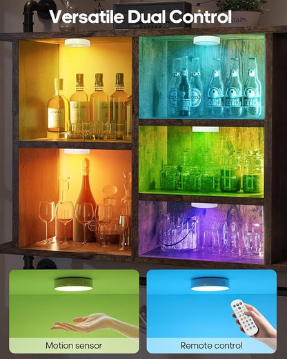 6-Pack RGB Rechargeable Puck Lights with Remote, 13 Color Motion Sensor Puck Lights, Magnetic Stick on Light, Dimmable Under Cabinet Lights for Shelf, Bedroom, Kitchen