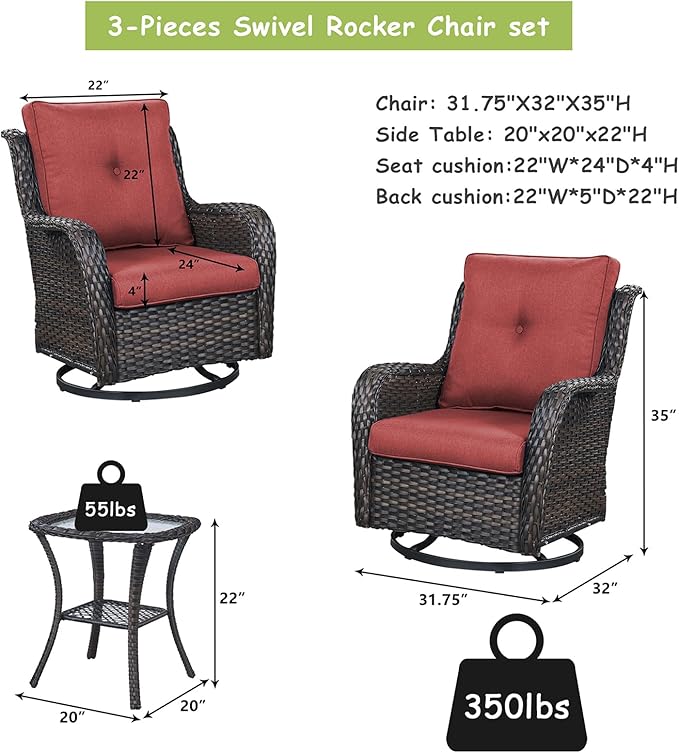 Rilyson Patio Chairs Wicker Outdoor Chair - 6 Piece Rattan Swivel Rocking Chairs Set Patio Glider Rocker Chairs with Glass Top Side Table for Porch Deck Garden Backyard(Brown/Red)