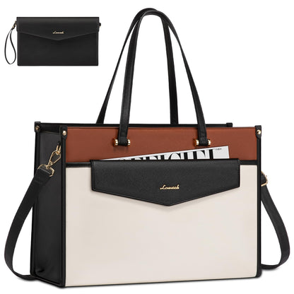 LOVEVOOK Laptop Bag for Women, 15.6'' Laptop Tote Purse 2-in-1 Professional Work Bag Business Briefcase with Clutch Purse, Waterproof Leather Computer Handbag for Teacher Office Travel