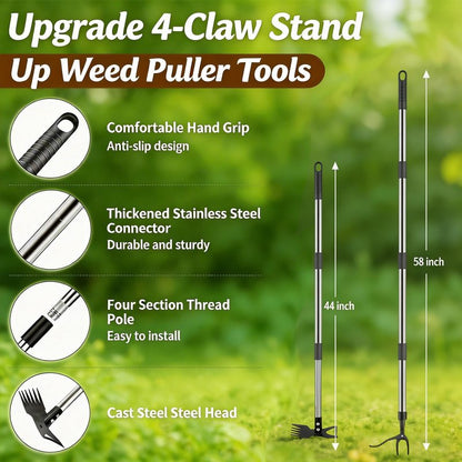 KINFIDTOW 58" Stand Up Weed Puller Tool with Long Handle, 2 in 1 Manual Weeder & Garden Hoe, 4-Claw Steel Head Weed Remover with Gloves for Yard Lawn Patio Garden