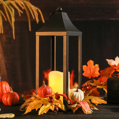 Bdor 2 Pack Fall Lantern Decor with LED Candle – 15.7 Inch Harvest Pumpkin Maple Leaf Hanging Lantern for Autumn Thanksgiving Table Centerpiece Indoor Outdoor Decoration, Battery Operated