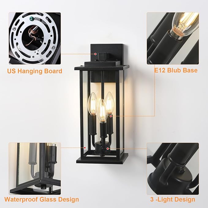 1-Pack 15" Outdoor Wall Lantern Candelabra 3-Light, Waterproof Exterior Wall Light Fixture with Clear Glass Front Porch Light Outdoor Wall Sconce, E12 Base Exterior Sconces for Garage