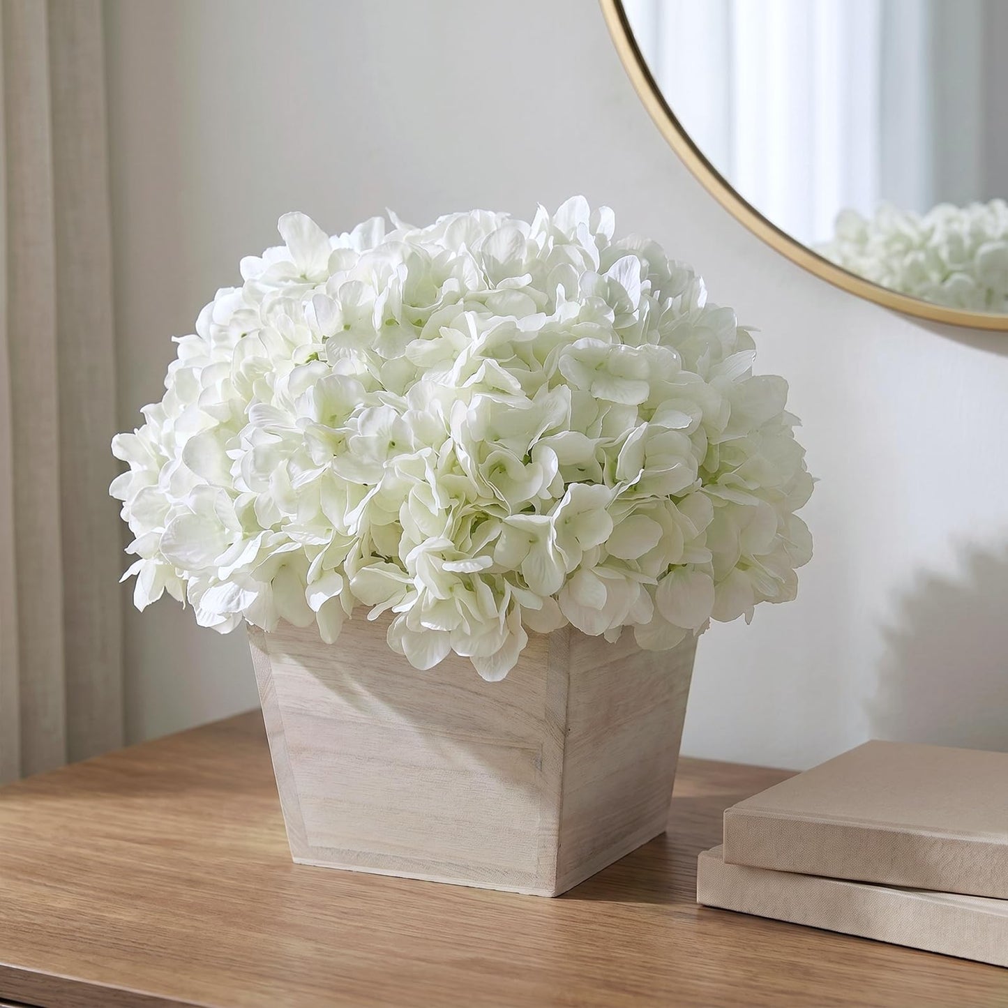 YXZZWL 10" Artificial Hydrangea Arrangement in Planter for Table Centerpiece, Lifelike Fake Hydrangea Potted Plant, Silk Faux Flowers in Wood Planter for Farmhouse Home Office Shower Decor (White)