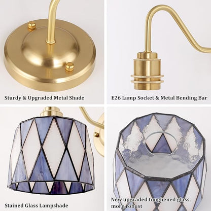 Vintage Battery Operated Wall Sconce Set of 2, 5000mAh Rechargeable Wall Lamp 12 RGB Colors Dimmable, Gold Lights Fixture for Bedroom Bathroom Living Room Hallway Twilight Blue Checker