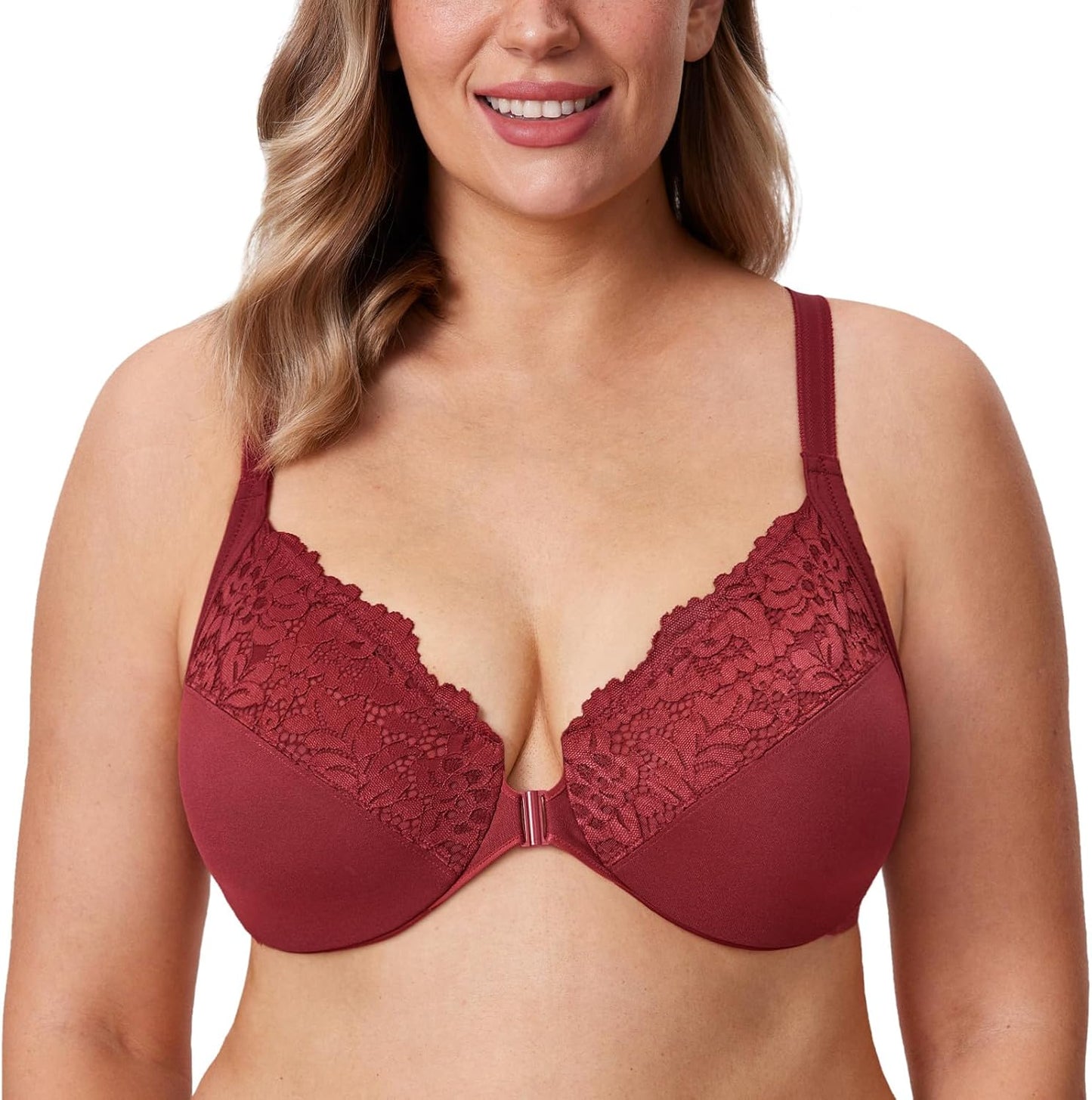 DELIMIRA Women's Front Closure Plus Size Full Coverage Lace Underwire Racerback Bra