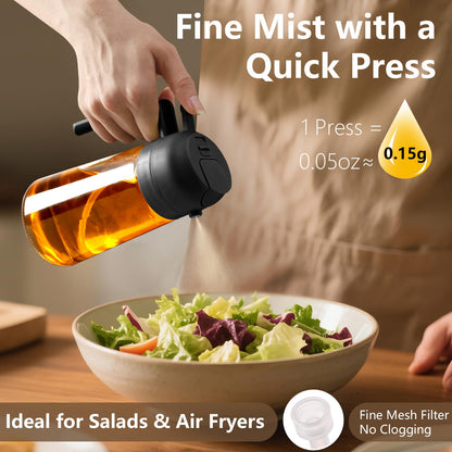 Olive Oil Sprayer for Cooking, 470ml 2 In 1 Glass Oil Dispenser/Pour Bottle, Kitchen Accessories, Kitchen Gadgets for Air Fryer, Salad, BBQ (Black)