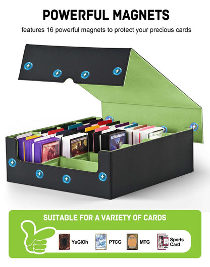 ZLCA Card Storage Box for MTG PTCG, Commander Deck Box Holds 3200+ Cards, Trading Card Storage Case with 4 Stoppers, Card Organizer for TCG Sport Cards(Black&Green)