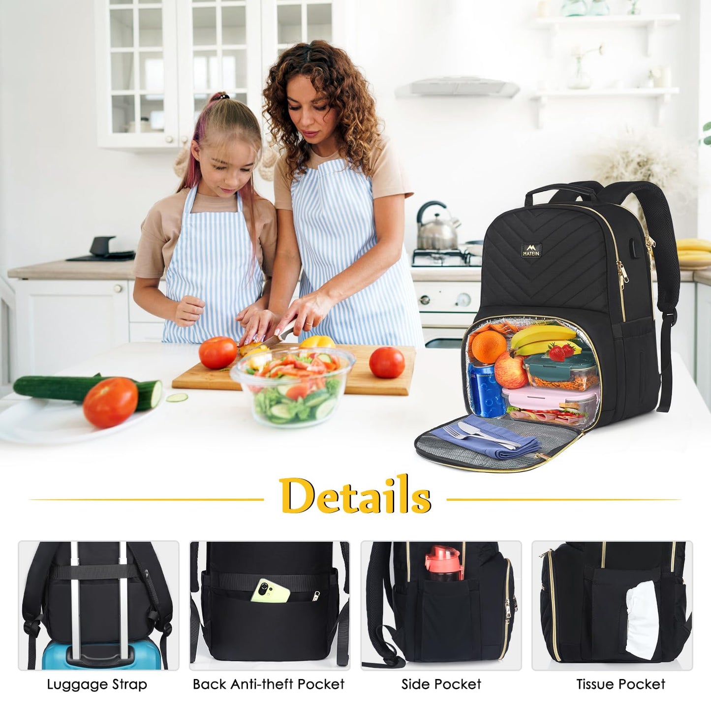 MATEIN Lunch Backpack for Women, 15.6inch Laptop Work Backpack with Insulated Cooler Compartment, Water Resistant Teacher Nurse Backpack with USB Port for College Picnic Camping Beaches, Women Gifts