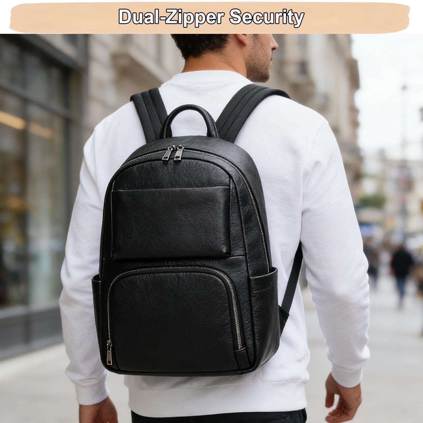 Yevabo Genuine Leather 15.6 Inch Laptop Backpack for Men, Multi Pocket Casual Daypack Shoulder Bag for Business Travel Outdoor, Black