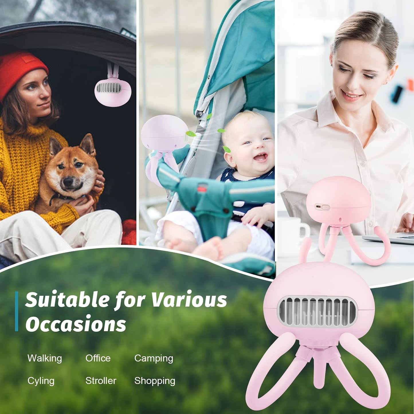 Portable Bladeless Fan - Mini Handheld Fan with Flexible Tripod, Clip-on for Stroller, Car Seat, Crib, Bike and Desktop - 3 Speeds, Rechargeable Battery Operated (Pink)