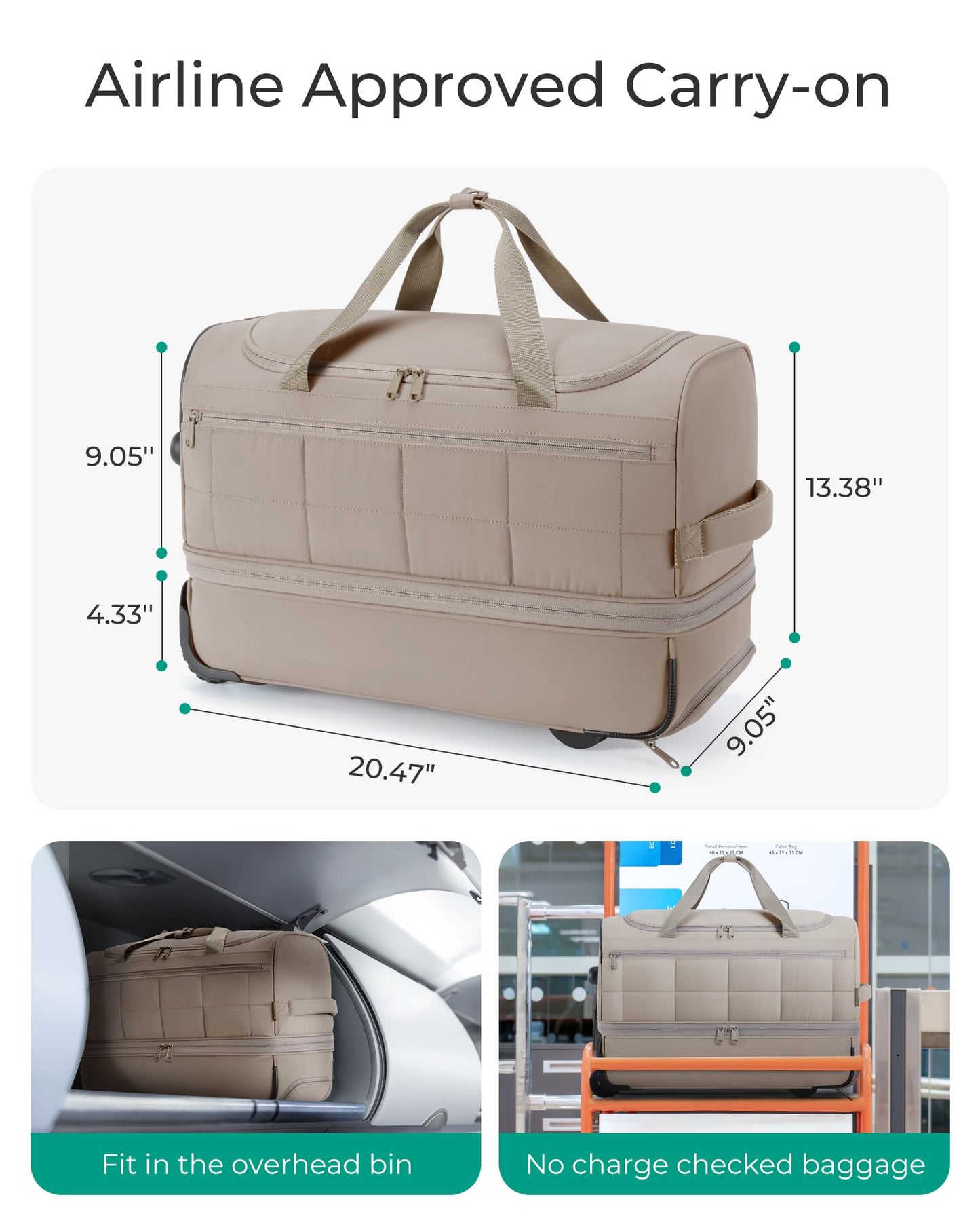 BAGSMART Rolling Duffle Bag with Wheels, Carry On Bag Duffel Bag for Travel, Wet Pocket Duffle with Wheels and Handle, Khaki, 40L