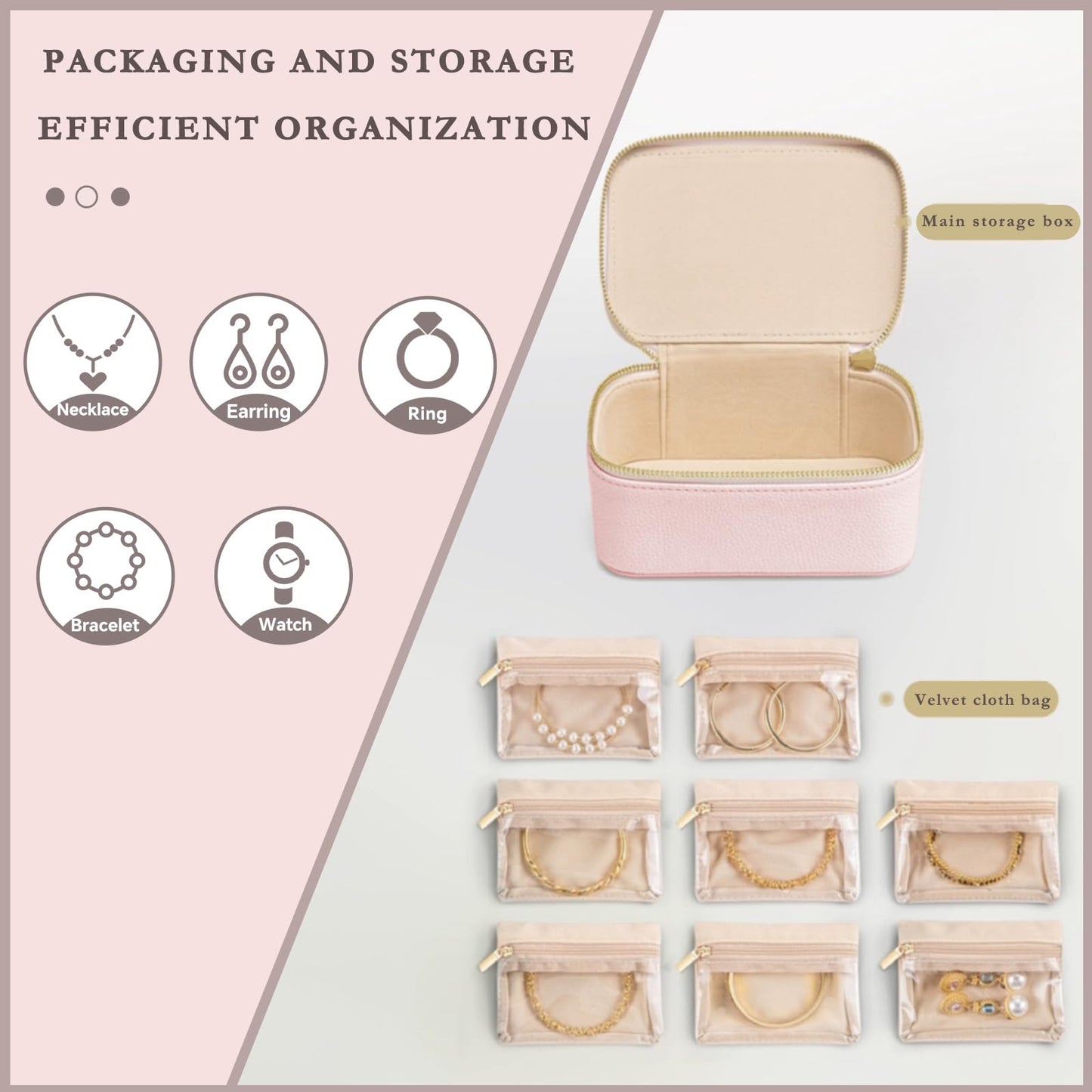 Jeonnfp Jewelry Box Organizer for Women,Small Travel Jewelry Case,Mini Travel Jewelry Organizer with 8 Velvet Jewelry Zipper Pouches, Jewelry Box Organizer for Christmas Birthday(Pink)