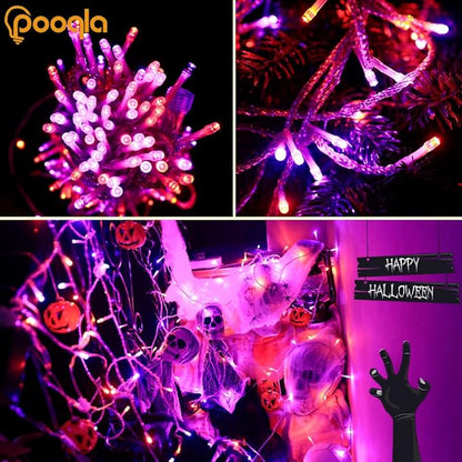 Pooqla Halloween Lights, 66 ft 200 LED Indoor Outdoor Halloween String Lights Plug in, Connectable 8 Modes Clear Wire Twinkle Fairy String Lights for Xmas Tree Decoration Clear wire, Orange and Purple