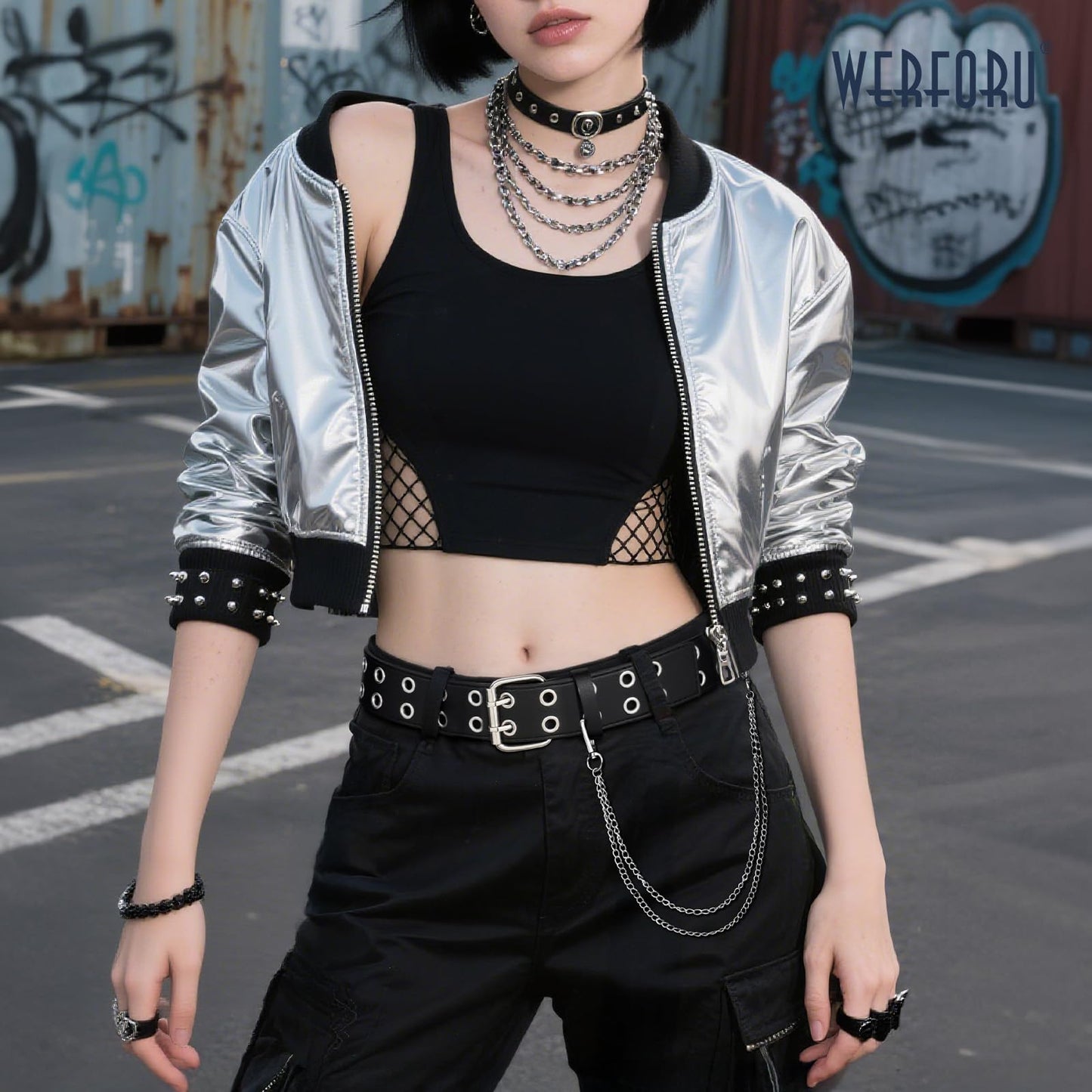 WERFORU Double Grommet Leather Belt with Detachable Chain for Women Punk Black Studded Waist Belt for Pants Jeans