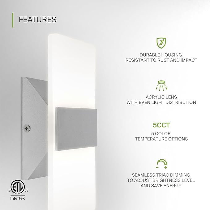 ASD 8 Inch LED Indoor Wall Sconce - Modern Interior 10W 120V 2700K-5000K Adjustable Dimmable Wall Mounted Light Fixtures, Acrylic Glass Wall Lights for Stairway, Hallway - ETL, Brushed Nickel