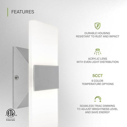 ASD 8 Inch LED Indoor Wall Sconce - Modern Interior 10W 120V 2700K-5000K Adjustable Dimmable Wall Mounted Light Fixtures, Acrylic Glass Wall Lights for Stairway, Hallway - ETL, Brushed Nickel 2 Pack