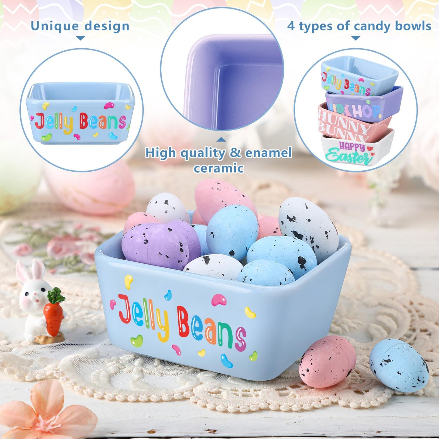 Potchen 4 Pcs Mini Candy Dish Ceramic Candy Bowls Serving Trays Farmhouse Home Table Decoration for Christmas Holiday Snacks Cookie Housewarming Gift(Easter)
