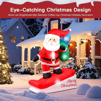 6FT Christmas Inflatables Decorations Outdoor，Blow Up Skiing Santa Claus with Built-in LEDs Lights for Indoor Holiday Party Yard Garden Lawn Décor