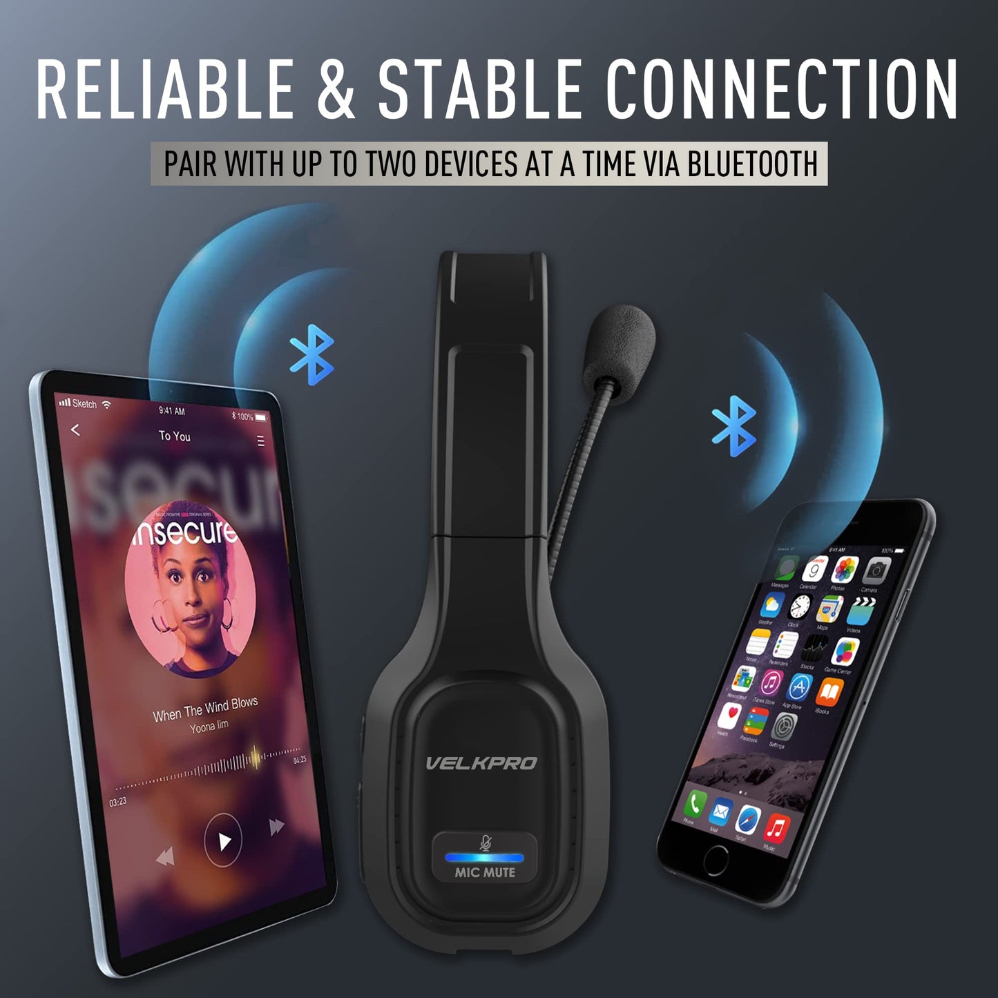 VELKPRO Wireless Headset with Microphone - Single-Ear Noise-Isolating Headphone for Call Centers and Home Office