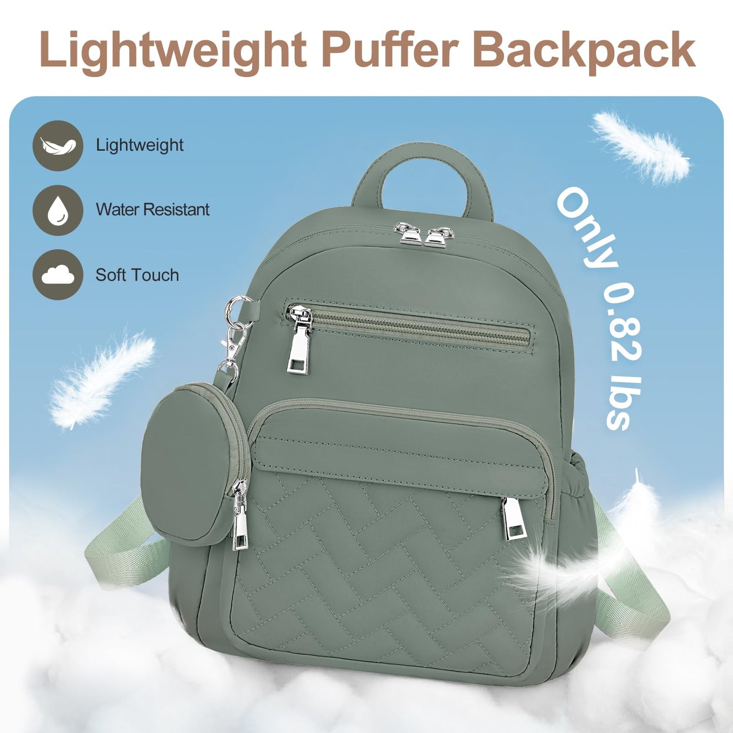 SYTRAH Mini Backpack for Women Small Backpack Purse, Anti Theft Backpack Waterproof Lightweight Puffer Back packs for Travel, Work with Coin Purse Green