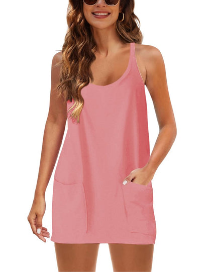 Lentta Womens Athletic Sleeveless Mini Dress with Built-in Shorts V Neck Spaghetti Strap Sundress(Coral-XL)
