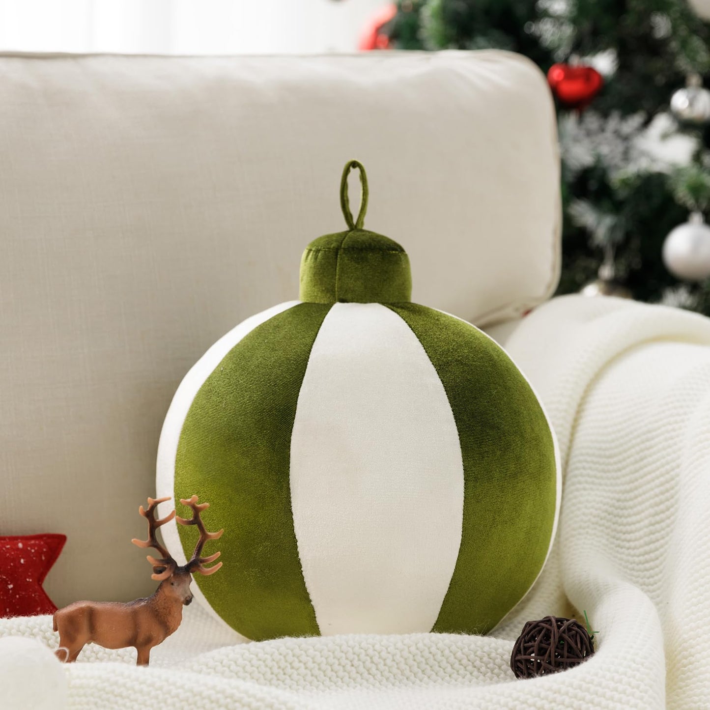 Ashler Merry Christmas Bell-Shaped Pillow, 11x11 Inch Velvet Hangable Decorative Holiday Pillow for Xmas Tree, Couch, Living Room, Bed, Light Green