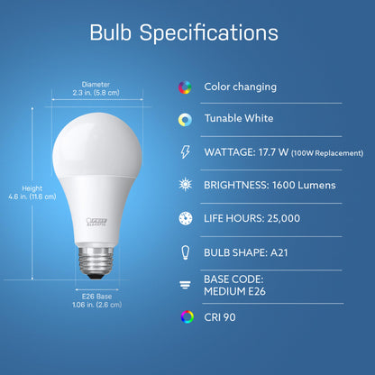 Feit Electric Smart Light Bulbs with RGB Color Changing and Tunable White, 2.4Ghz WiFi Light Bulbs, No Hub Needed, Works with Alexa and Google, Dimmable 60 Watt = LED 9W, OM60/RGBW/CA/AG/3, 3 Pack