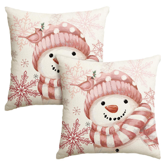 AVOIN colorlife Winter Snowman Snowflake Bird Throw Pillow Covers Set of 2, 18 x 18 Inch Pink Seasonal Christmas Holiday Cushion Case Decoration for Sofa Couch